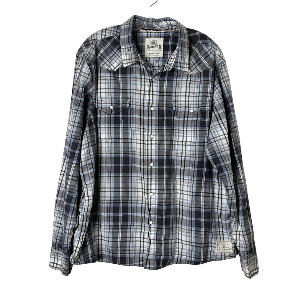 Roebuck & Co Long Sleeve Plaid Pearl Snap Shirt Gray Blue White Mens XXL